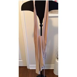 Saints 21 Tan Deep V-Neck Halter Ruched Mini Dress Large‎ Champagne Draped Back